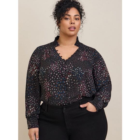 Torrid Black + Pink White Floral Print Button Front Smocked Collar Blouse - 4X - Picture 1 of 11